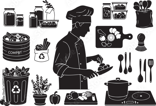 Chef preparing food with kitchen utensils and recycling bins