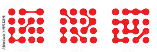 Meta ball Set. Diagonal meta ball connected circles shape. Abstract nerve cell dots or computer nano net. Vector Connect Circle Shapes. Abstract Geometric Dots. Square spotted graphic design elements.