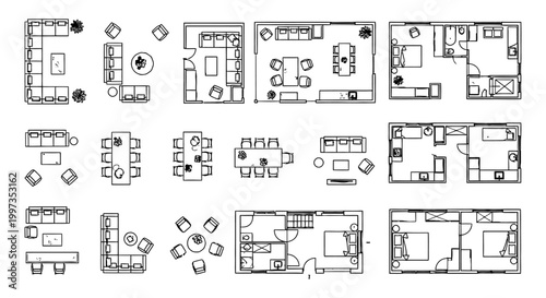 collection of top-down architectural floor plan layouts with furniture and room arrangements
