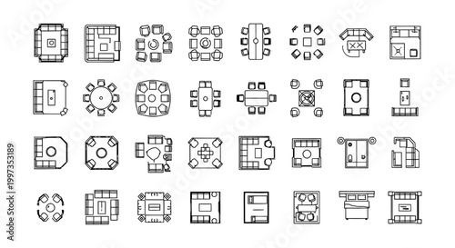 collection of top-down furniture and table layouts for interior design architectural planning