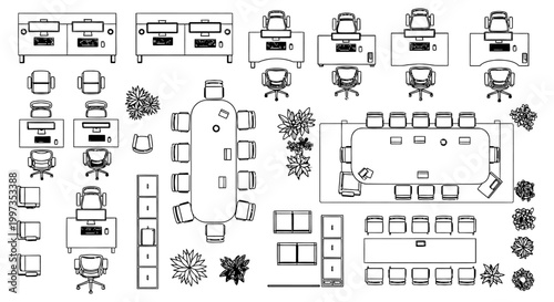 office floor plan design with furniture and plants in top down view