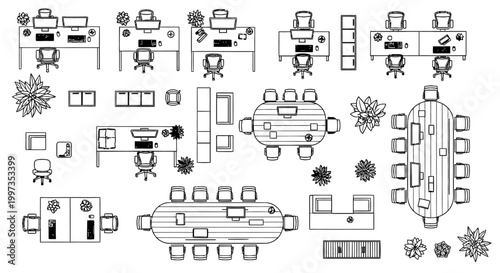modern office layout with workstations conference tables and plants for interior design