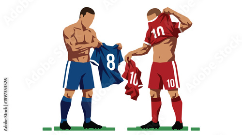 Athletic soccer players swapping team shirts on field after final whistle showing mutual respect too.