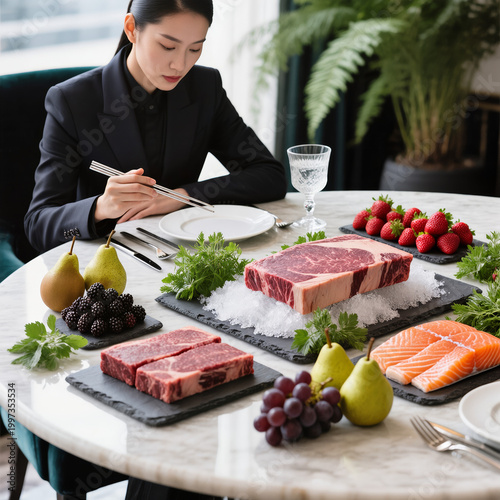 Primal Carnivore Feast with Raw Meat and Modern Dining Setup on Luxury Marble Table for Raw Food Lifestyle and Bold Dietary Concept Visuals