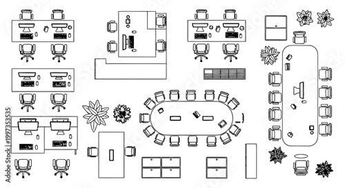 office interior design floor plan with furniture and workstations cad vector