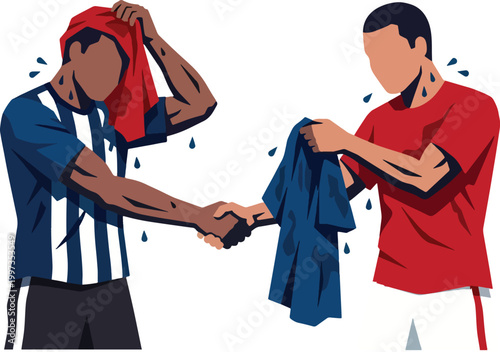 Two sweaty football players shaking hands and exchanging jerseys after intense competition in match.