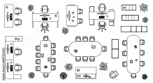 overhead view of office furniture and meeting room arrangements modern workspace layout vector illustration