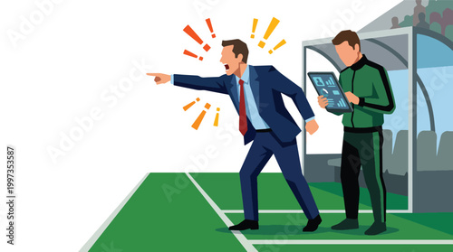 Angry football coach shouting orders from touchline while assistant analyzes data on digital tablet.