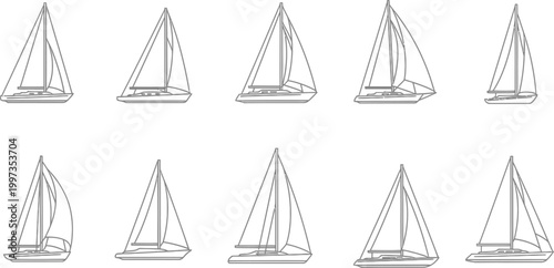 Collection of ten grey line sailboat with different sail configurations yacht sailing watercraft