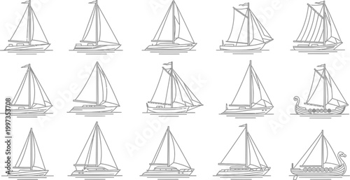 Collection of line sailboats and viking ship sailing boat yacht