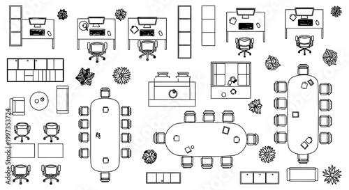 top view floor plan of modern office layout with desks and meeting tables