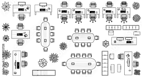 top view floor plan of modern office interior with desks chairs and plants