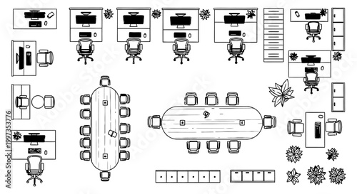 top view of modern office interior with desks chairs meeting tables and plants
