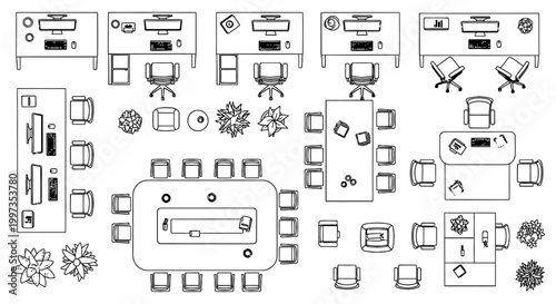 top view of modern office interior with desks chairs computers and plants