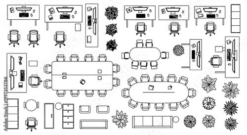top view of modern office interior with desks chairs plants and conference tables