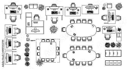 top view of modern office interior with desks chairs tables and plants
