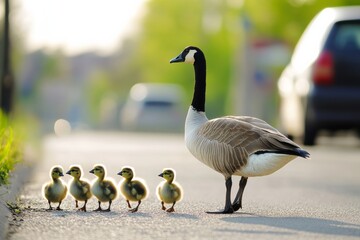Goose leads its goslings across a street in a suburban area during the day