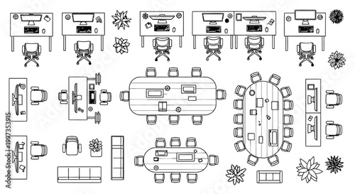 top view of modern office space with workstations conference tables and seating areas