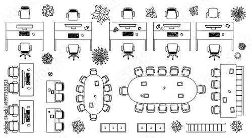 top view of modern office spaces with desks chairs and conference tables
