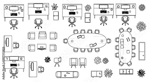 top view of modern office spaces and meeting rooms with plants and furniture