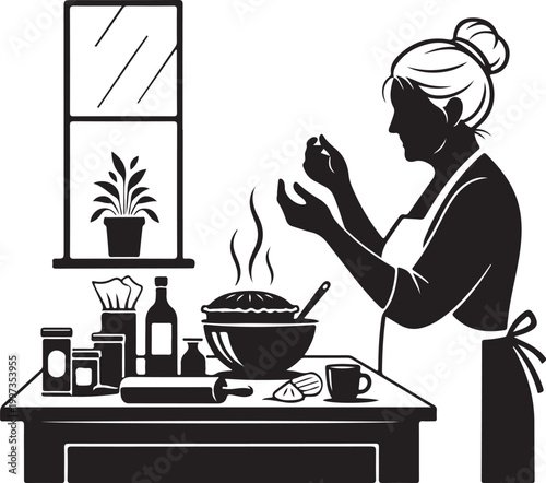 Woman cooking in kitchen with apron and utensils