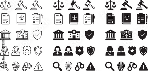 Collection of justice and legal system icons including scales of justice and gavel
