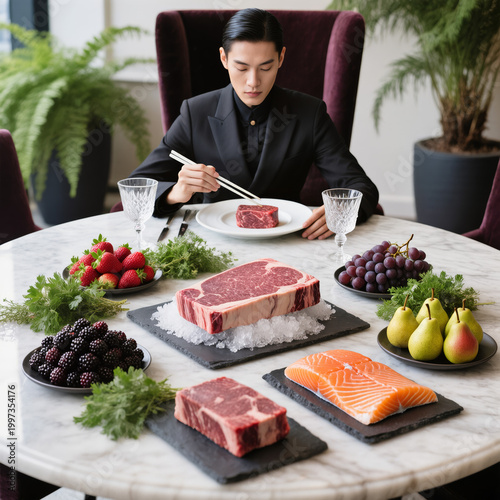 Primal Carnivore Feast with Raw Meat and Modern Dining Setup on Luxury Marble Table for Raw Food Lifestyle and Bold Dietary Concept Visuals