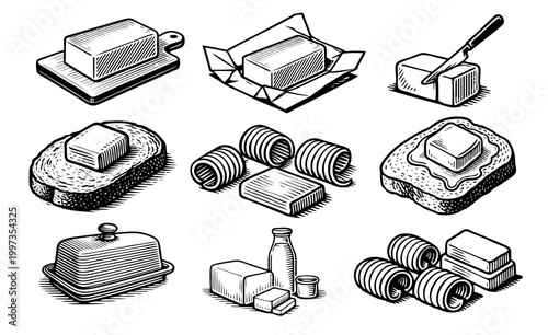 Assorted Butter Forms Illustrated in a Classic Style, Showing Blocks on Boards, Wrapped, Cut, on Toast, With Curls, in a Dish, and Alongside Milk Products