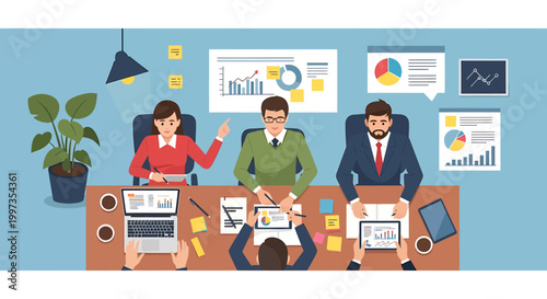 Diverse business team collaborating in a modern office, analyzing financial data and strategic reports during an important corporate meeting