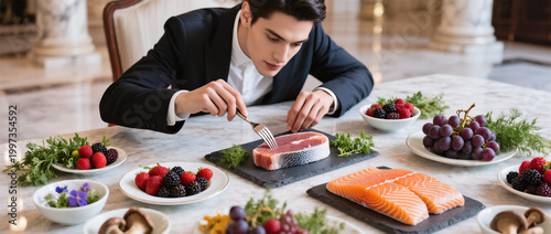 Primal Carnivore Feast with Raw Meat and Modern Dining Setup on Luxury Marble Table for Raw Food Lifestyle and Bold Dietary Concept Visuals