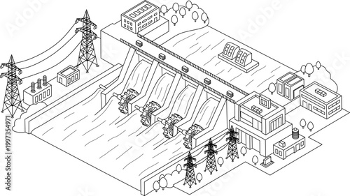 Technology dam line drawing of a hydroelectric dam with turbines for modern energy solutions, suitable for renewable energy concepts.
