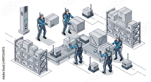 a team of warehouse workers in blue uniforms collaborating efficiently in a warehouse setting with various machinery and boxes