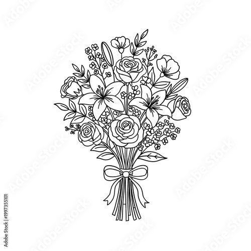 Black and White, Outline Hand drawn wedding and Bachelorette theme illustration, fine line art style