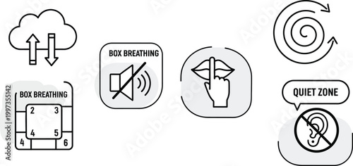 Box Breathing Technique Icons: Calm, Quiet Zone, Silence, Cloud Sync, Spiral