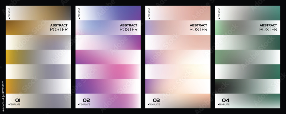 Fototapeta premium Set of four modern abstract posters with geometric shapes and colorful blurred gradient backgrounds