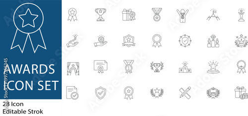 Awards and achievements line icon set. Professional symbols of success, trophy, medal, winner podium, and quality badges. Editable stroke vector for business and competition.
