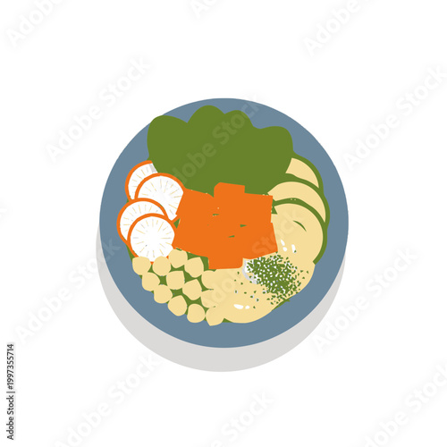 Colorful sliced vegetables on plate.