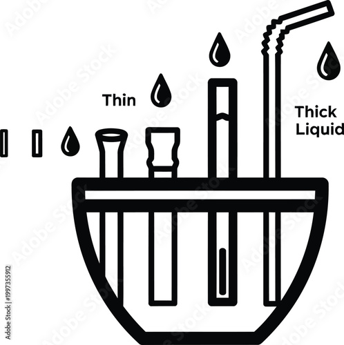 Viscosity comparison: thin vs thick liquid in test tubes with drops and straw
