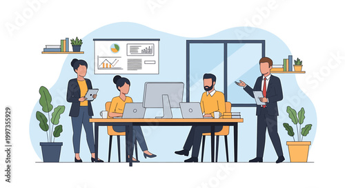 Diverse business team collaborating on a project in a modern office, engaged in a productive meeting with data analysis and strategic planning for success