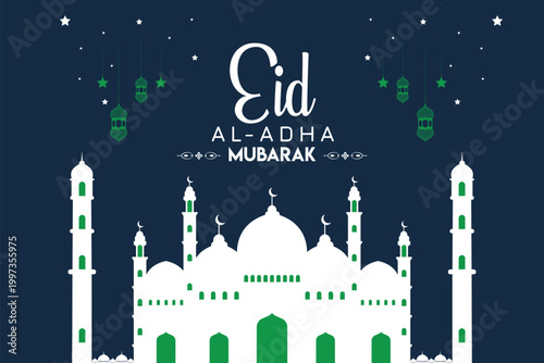 Eid al-Adha Mubarak celebration with lanterns, crescent moon, and mosque silhouette
