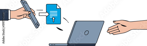 Digital file transfer process showing a smartphone sending documents to a laptop computer through a wireless connection for business efficiency