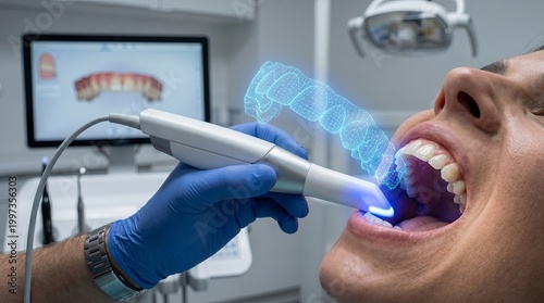Digital dental impression. Intraoral scanner capturing patient teeth and smile