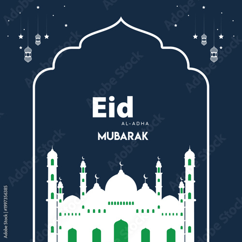 Eid al-Adha Mubarak celebration with lanterns, crescent moon, and mosque silhouette

