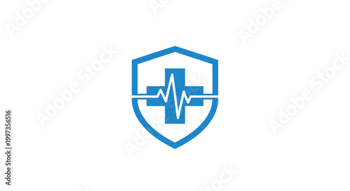 Medical shield logo with heartbeat line.