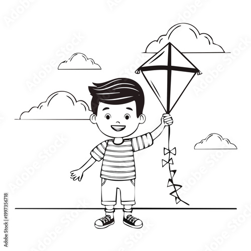 Kite Outline with Boy and Clouds for Coloring Book