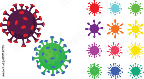 Colorful virus icons and detailed coronavirus particles set illustrating microbiology, infection spread, healthcare awareness, pandemic concept, and medical vector illustration