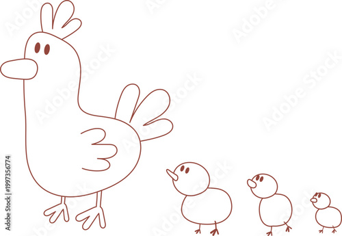 chicken family hen farm animal hand drawn outline
