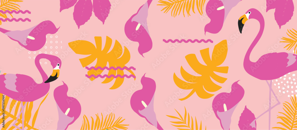 Naklejka premium Seamless Vector Floral Pattern with Elegant Pink Calla Lilies and Abstract White Leaves on Soft Pastel Background for Textile and Wallpaper Design
