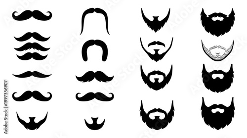 Mustache and beard icon set with various facial hair silhouettes isolated on white background
