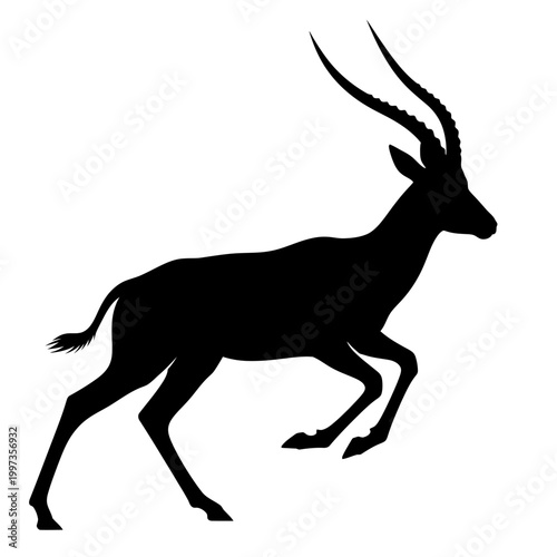 Silhouette of a leaping antelope against a plain white background, elegant.